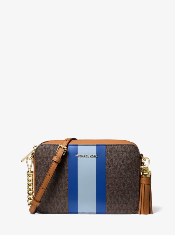 Damske Prenosná Taška Michael Kors Jet Set Medium Logo Stripe Camera Modre - Kabelky Michael Kors Outlet | YQKZE-2395